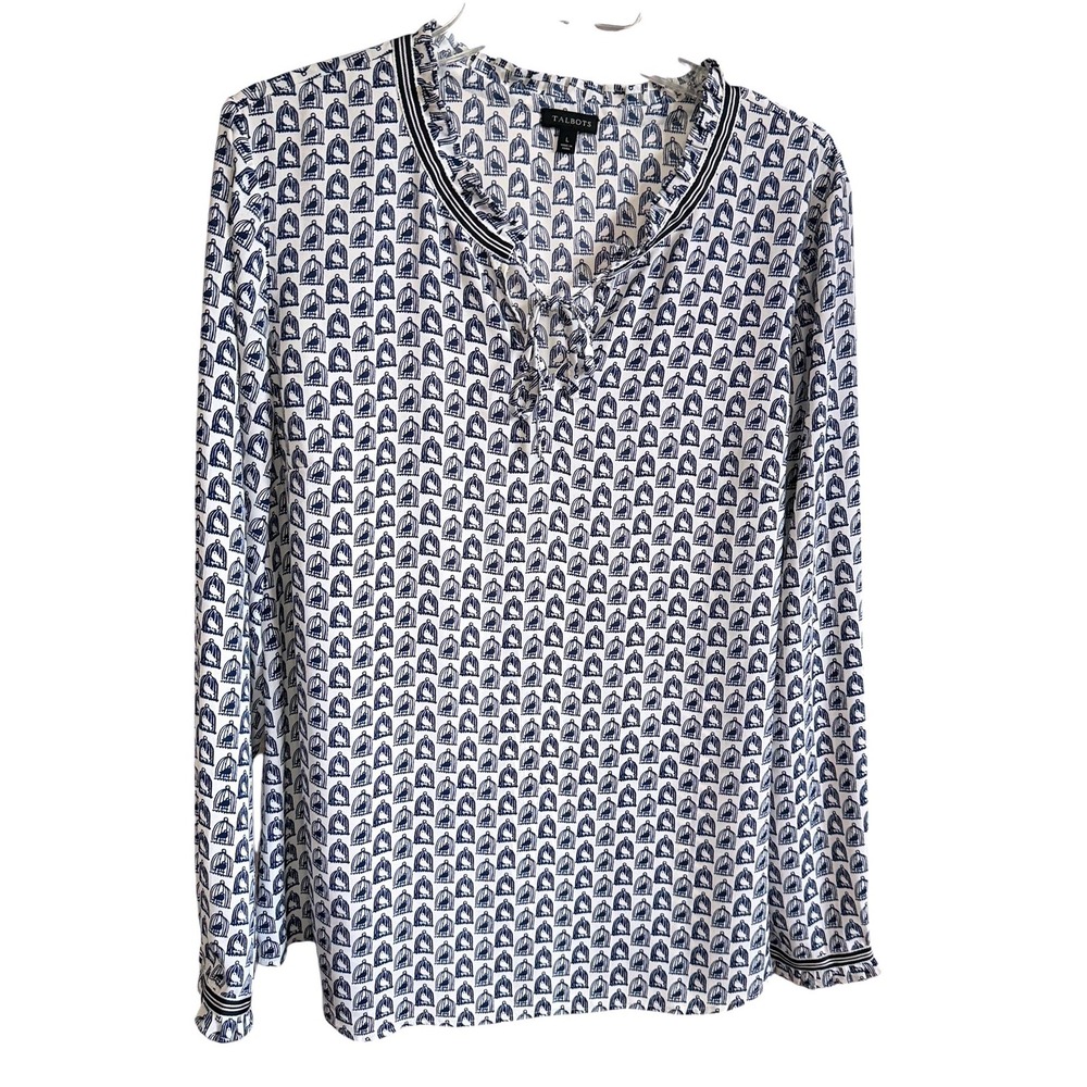 Talbots Womens Navy White Birdcage Print Ruffle Tie Neck Blouse Large Preppy